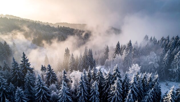 Misty winter forest with snow-covered pine trees and soft sunlight