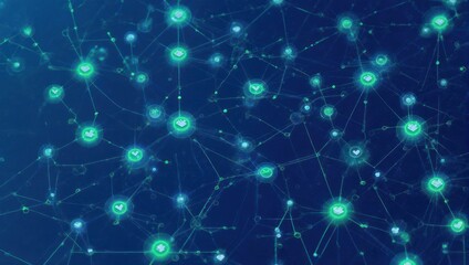 Abstract Network of Glowing Green Nodes Connected by Thin Lines on a Dark Blue Background.