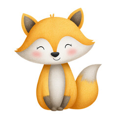Naklejka premium A cheerful cartoon fox with orange fur, a white belly, and a happy expression, sitting with its tail curled playfully.