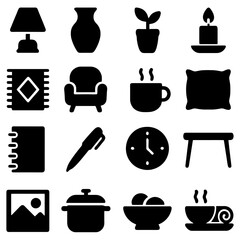 Home Essentials and Comfort Icons: A collection of simple, elegant icons representing everyday objects, evoking a sense of calm and comfort.