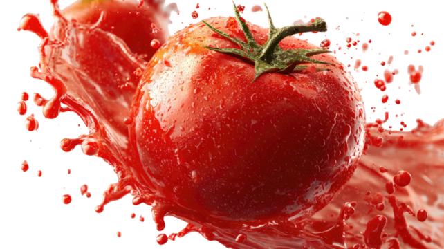Wet, juicy tomatoes splash with red liquid on a dark background