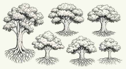 Detailed Hand-Drawn Tree Illustrations with Intricate Root Systems - Vintage Engraving Style Set