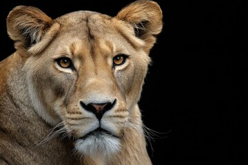 Naklejka premium Majestic lioness portrait against a stark black backdrop, showcasing striking eyes