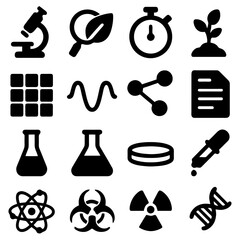 Science Icons Set: A collection of diverse science-themed icons in a sleek design, perfect for educational and scientific projects, providing a comprehensive visual guide.