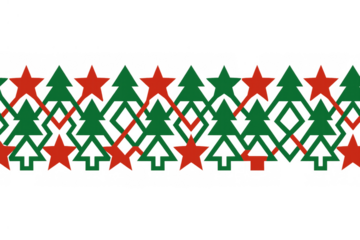 Christmas horizontal border creating a seamless pattern with green trees and red stars, transparent background