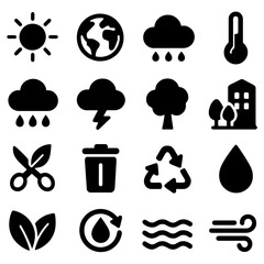 Environmental Iconography: A collection of simple, stylized icons symbolizing various aspects of environmental elements, from the sun and rain to the concept of recycling and sustainability.