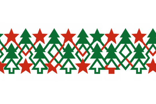 Christmas horizontal border creating a seamless pattern with green trees and red stars, transparent background - Powered by Adobe