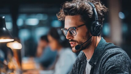Man engaged in a telemarketing call center, focusing on customer interaction and sales in a modern office environment during evening hours - Powered by Adobe