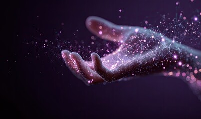 Digitally rendered human hand, bathed in a soft violet glow, connected to luminous networks