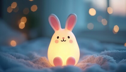 Cute pastel bunny night lamp emits warm yellow light. Soft fluffy texture surrounds adorable glowing rabbit figure. Gentle illumination for childs room or nursery comfort.