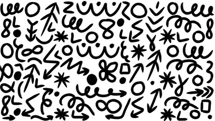 Random hand-drawn doodles on transparent background, abstract pattern, playful design