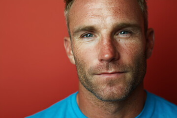 Obraz premium a handsome 40-year-old blond man. He wears a bright blue t-shirt against a plain light red background
