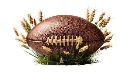 Leather football nestled in golden wheat, grass
