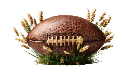 Leather football nestled in golden wheat, grass