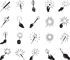 Sparkler Silhouette Vector Bundle | New Year Celebration Icons | Fire, Glow Vector