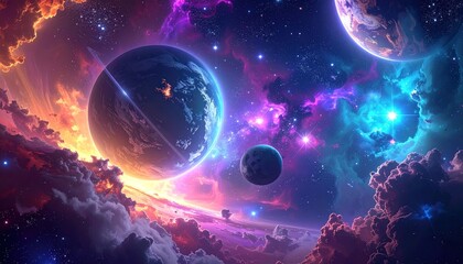 A breathtaking cosmic dreamscape featuring vibrant planets, glowing nebulae, and shimmering stars across a colorful deep space canvas