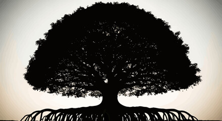Magnificent Tree Silhouette with Expansive Roots Against a Serene Sky Backdrop