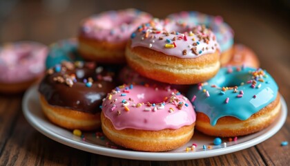 Plate of assorted donuts with colorful frosting and sprinkles. Variety of sweet pastry treats, perfect for breakfast, parties, or dessert celebrations with friends and family.