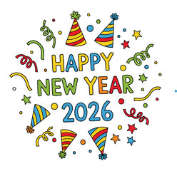 Happy New Year 2026 colorful doodle greeting card illustration