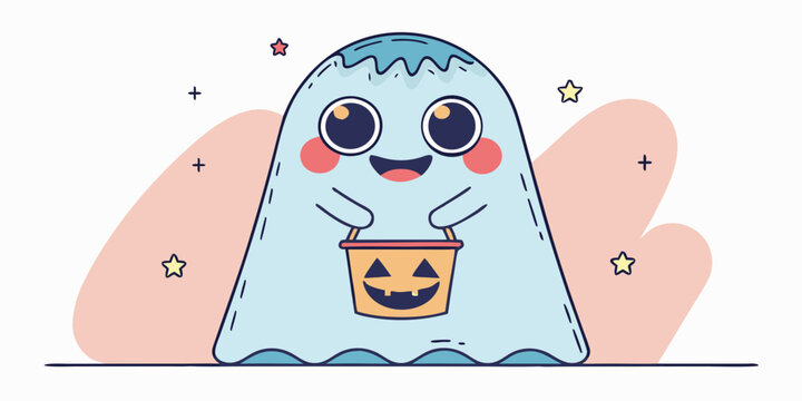 A cute cartoon ghost holding a jack o lantern bucket with stars and pink shapes on a white background