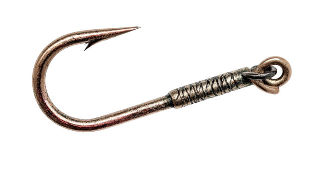 Shiny metal fishing hook with wire wrapping against a black background
