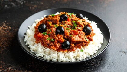 A savory homemade meat stew with a rich tomato sauce, topped with black olives and parsley, served over a bed of white rice