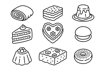 swiss rolled, layered cakes, pudding, sliced, hearth cakes, macaron, plum cookies, donut doodle outline line art vector illustration element design set for dessert, pastry, bakery, sweet food, cafes