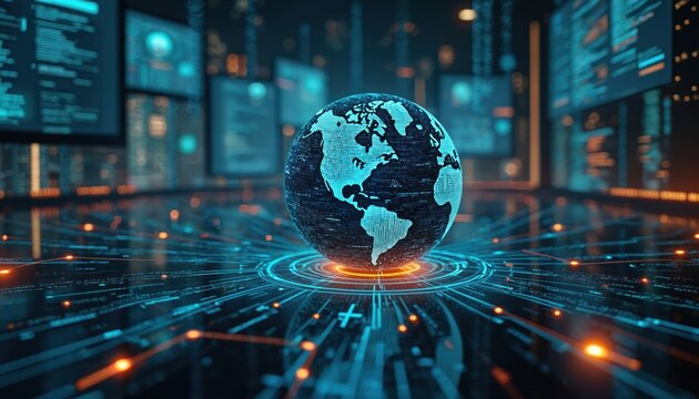 Futuristic visualization of digital world. Globe of Earth in data network grid. Tech concept of global communication internet connection. Digitalization of planet earth. Modern AI - Powered by Adobe