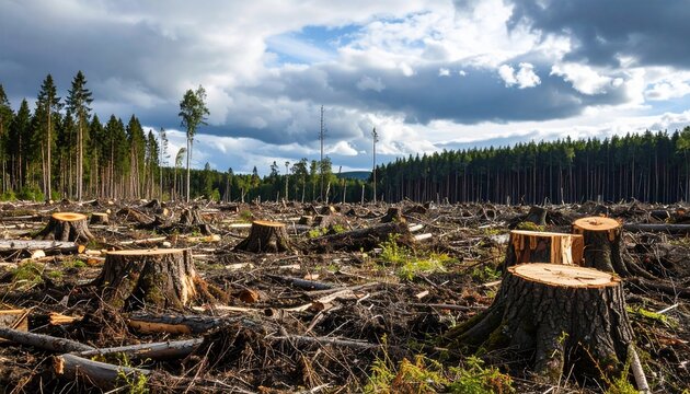 Deforestation Tree stumps in clearcut forest with environment destruction, and cloudy sky.