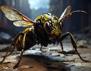 A giant, detailed wasp stands on stone, with sharp claws and wings spread