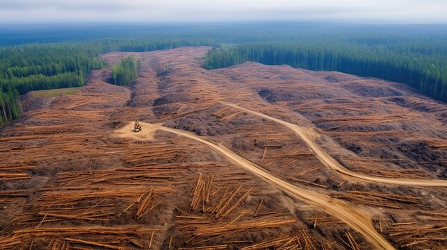Aerial View of a Vast Clearcut Forest Area Showing Extensive Logging and Forest Management Activities