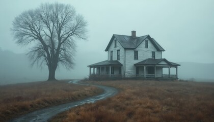 Obraz premium Old weathered farmhouse stands alone in foggy field. Leafless tree grows near rural house. Road leads to home in autumn weather. Dark scene. Landscape evokes loneliness, abandonment and memory.