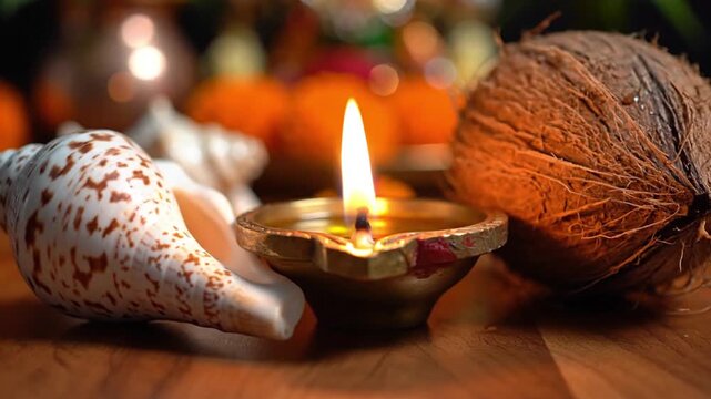 traditional indian diya coconut conch shell