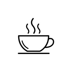 Hot Coffee Cup Icon with Steam, Minimalist Line Art Representation of a Warm Beverage in a Mug on a Saucer