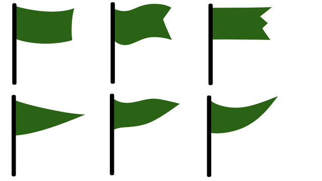 Six green flag icons, flat design, minimal style, isolated on transparent background