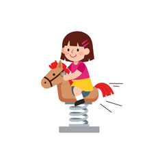 Cute cartoon girl happily riding a colorful spring toy horse in a playground, bright and cheerful illustration