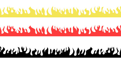 Three flame illustrations in yellow, red, and black, fire theme, abstract design