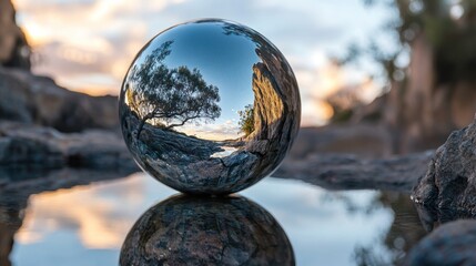 Polished sphere reflecting landscape