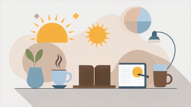 Flat design illustration of a morning routine with coffee, books, a plant, and a tablet on a desk, symbolizing productivity and a fresh start.