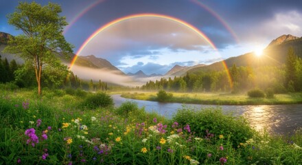 Vibrant double rainbow arches gracefully over a tranquil river flowing through a misty valley at sunrise, illuminating blooming wildflowers and lush green mountains