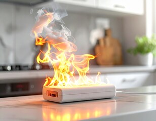 Burning Power Adapter with Flames and Smoke

