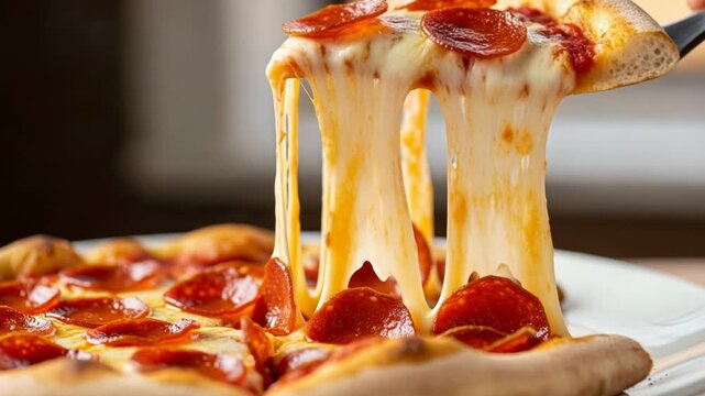 Delicious pepperoni pizza slice with melted cheese pull