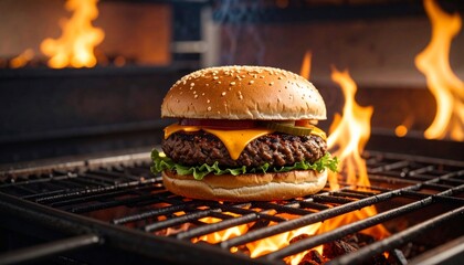 Delicious Grilled Cheeseburger with Flame in Backyard BBQ Gourmet Fast Food Concept.