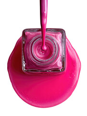 Pink polish pouring, square bottle, smooth puddle on black