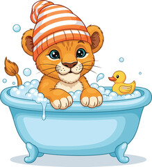 Fototapeta premium Cute Baby Lion Cub Cartoon Taking a Bubble Bath with Striped Hat and Rubber Duck
