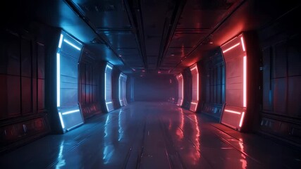 A dark, futuristic hallway with blue and red neon lights illuminating the walls, leading to a hazy end. Reflections add depth - Powered by Adobe