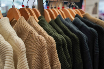 Multi-colored warm knitted sweaters hang on wooden hangers in clothing store.