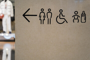 Public toilet sign showing facilities for male, female, baby and wheelchair users on the wall of a luxury shopping mall