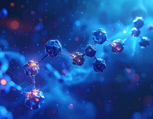 Abstract, molecular chain with glowing spheres in a blurred blue space