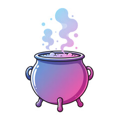 Cartoon cauldron with bubbling potion and rising steam on transparent background
